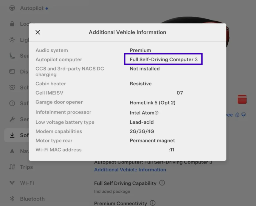 Tesla software skærm der viser FSD hardware version
